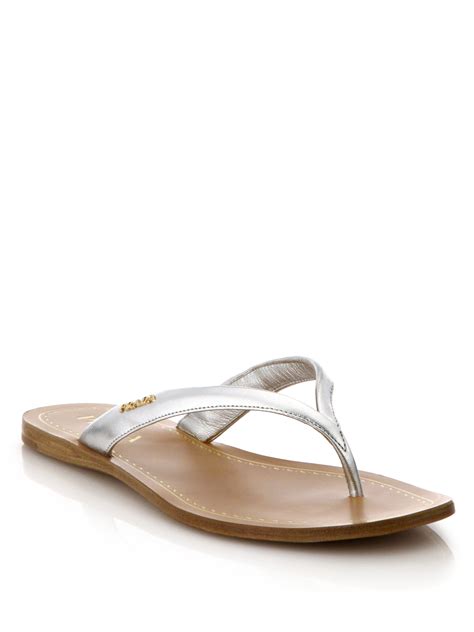 Prada Logo Metallic Leather Thong Sandals .